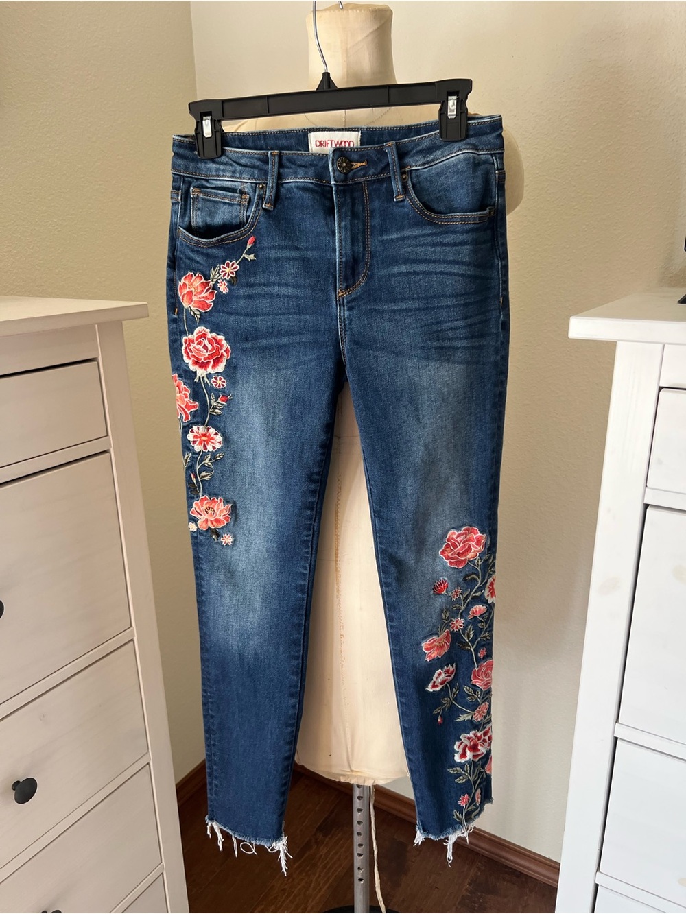 DRIFTWOOD Jackie Blue Skinny Jeans with Pink Floral Embroidery